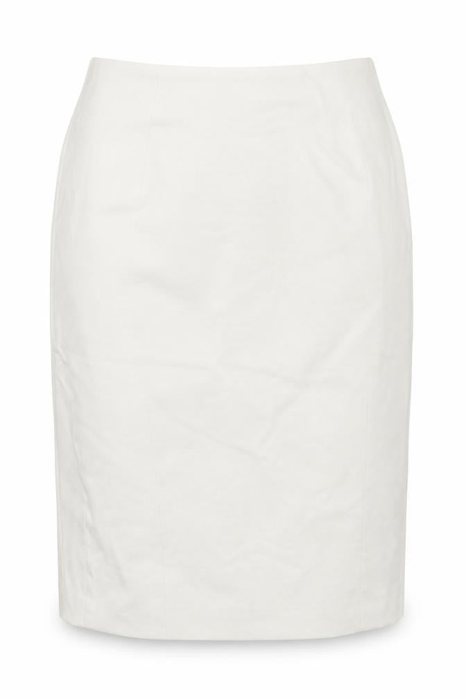 Front view of H&M women’s beige a-line skirt, size UK 18
