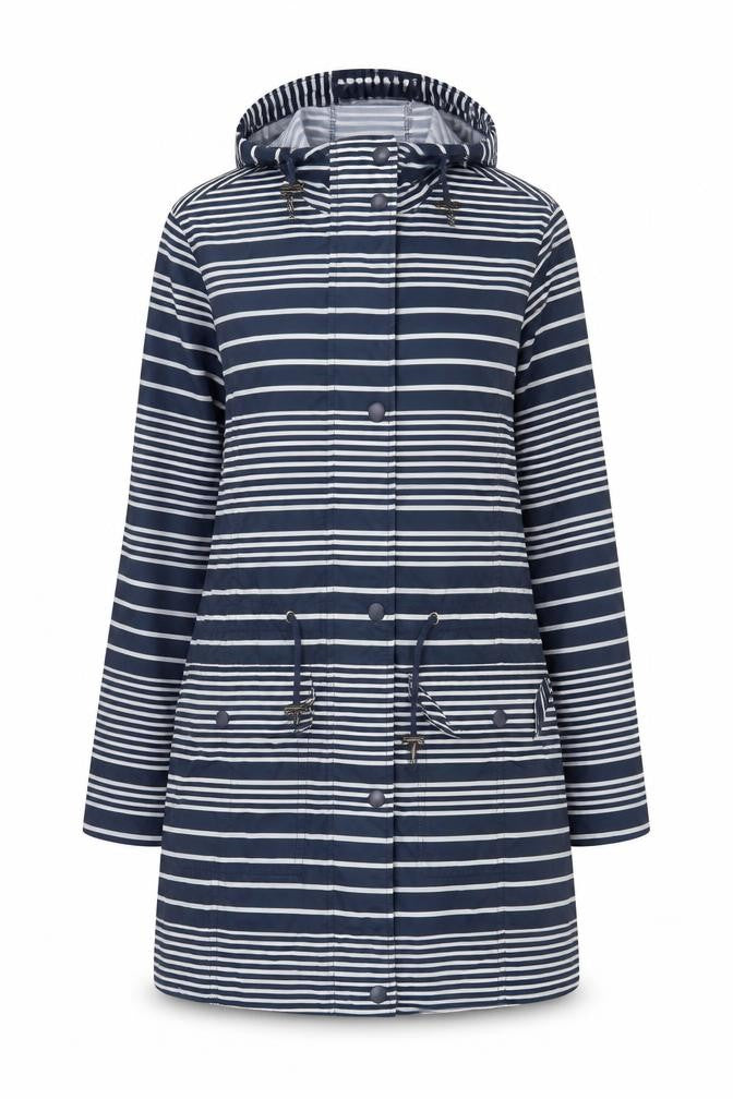 Front view of BHS women’s blue striped anorak coat, size UK 10