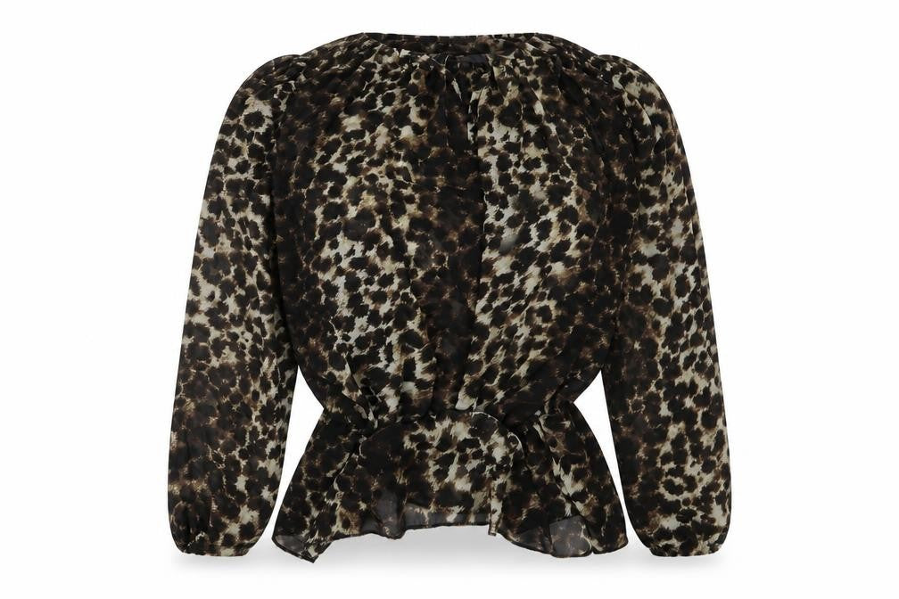 Front view of Preworn women’s brown animal print basic blouse, size S