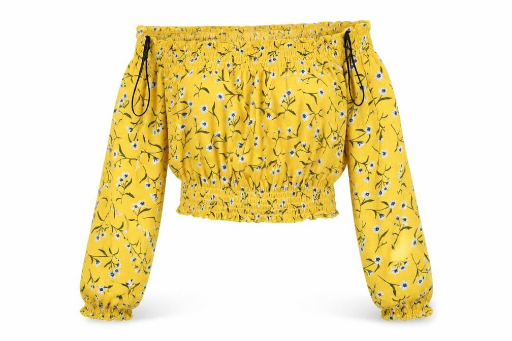 Front view of H&M women’s yellow floral basic blouse, size XS