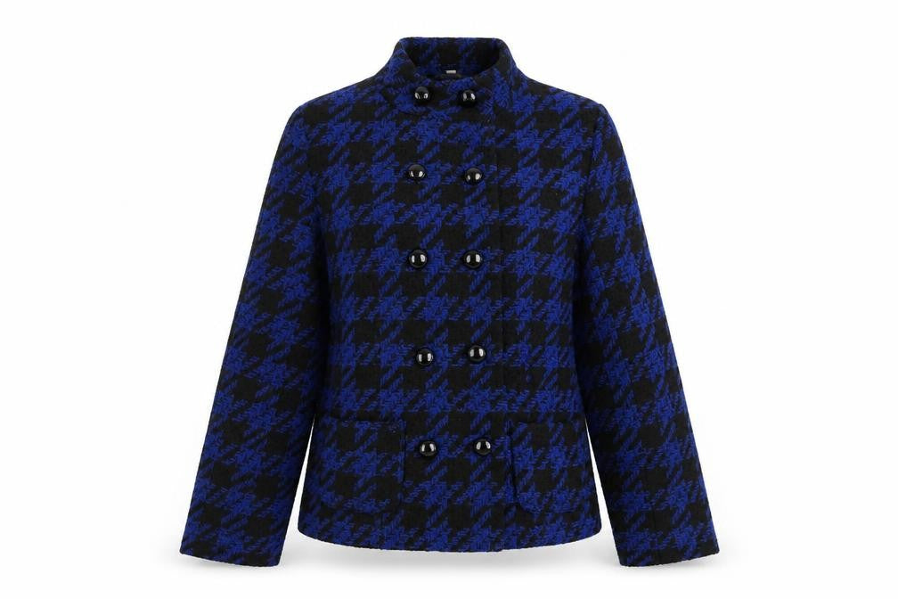 Front view of ISLE women’s black striped jacket, size UK 10
