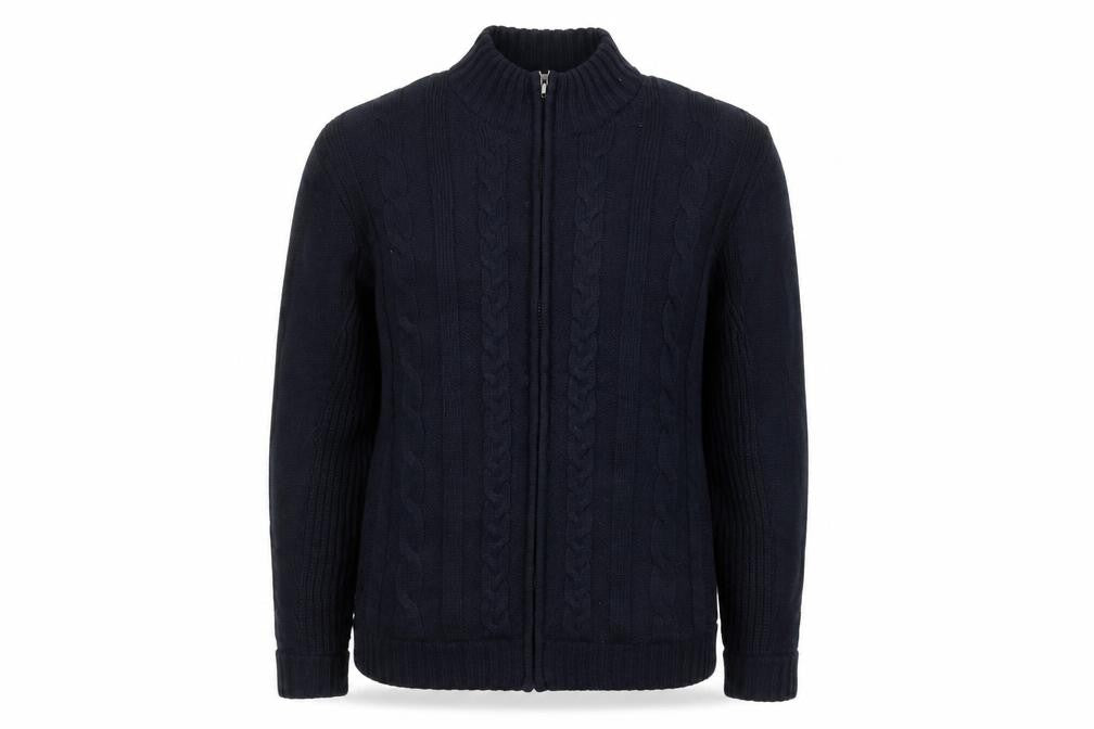 Front view of Atlantic Bay men’s blue knit jacket, size M