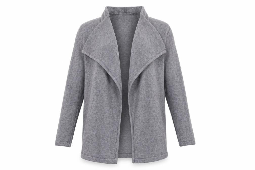Front view of Betty Barclay women’s grey cardigan jumper, size UK 10, - open front
