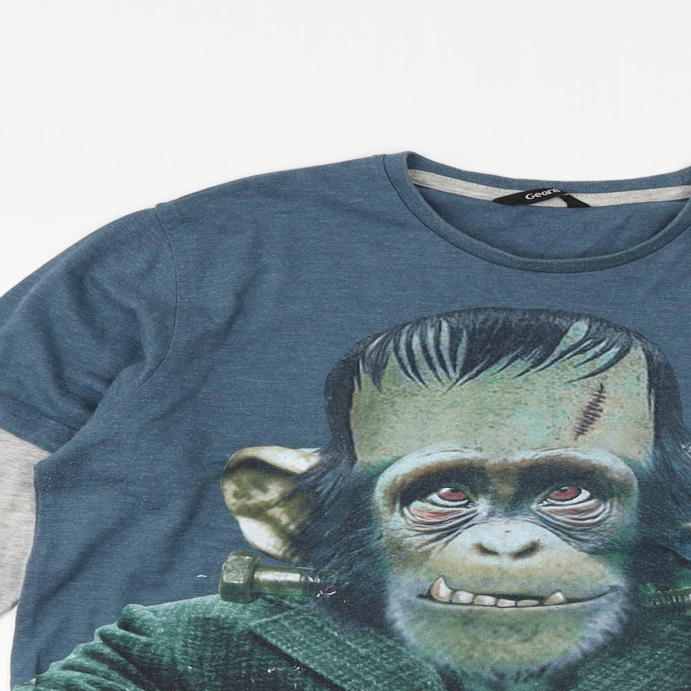 George Girls Blue   Basic T-Shirt Size 12-13 Years  - monkey frankenstein