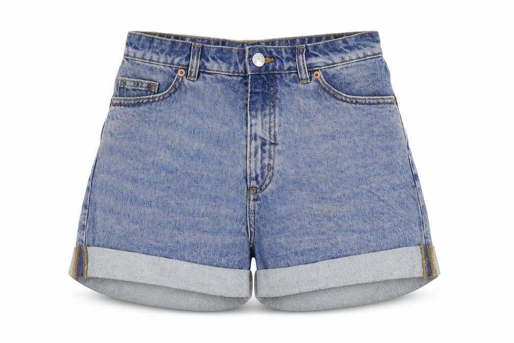 Front view of Monki women’s blue hot pants shorts, size UK 26, in