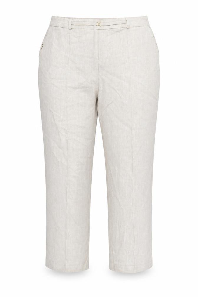 Front view of Marks & Spencer women’s beige rayon trousers, size UK 16, 28-inch leg
