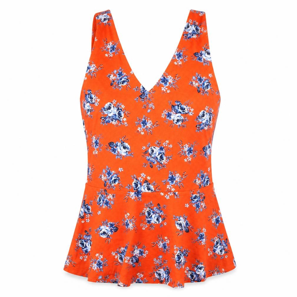 Front view of New Look women’s red floral jersey basic tank, size UK 8