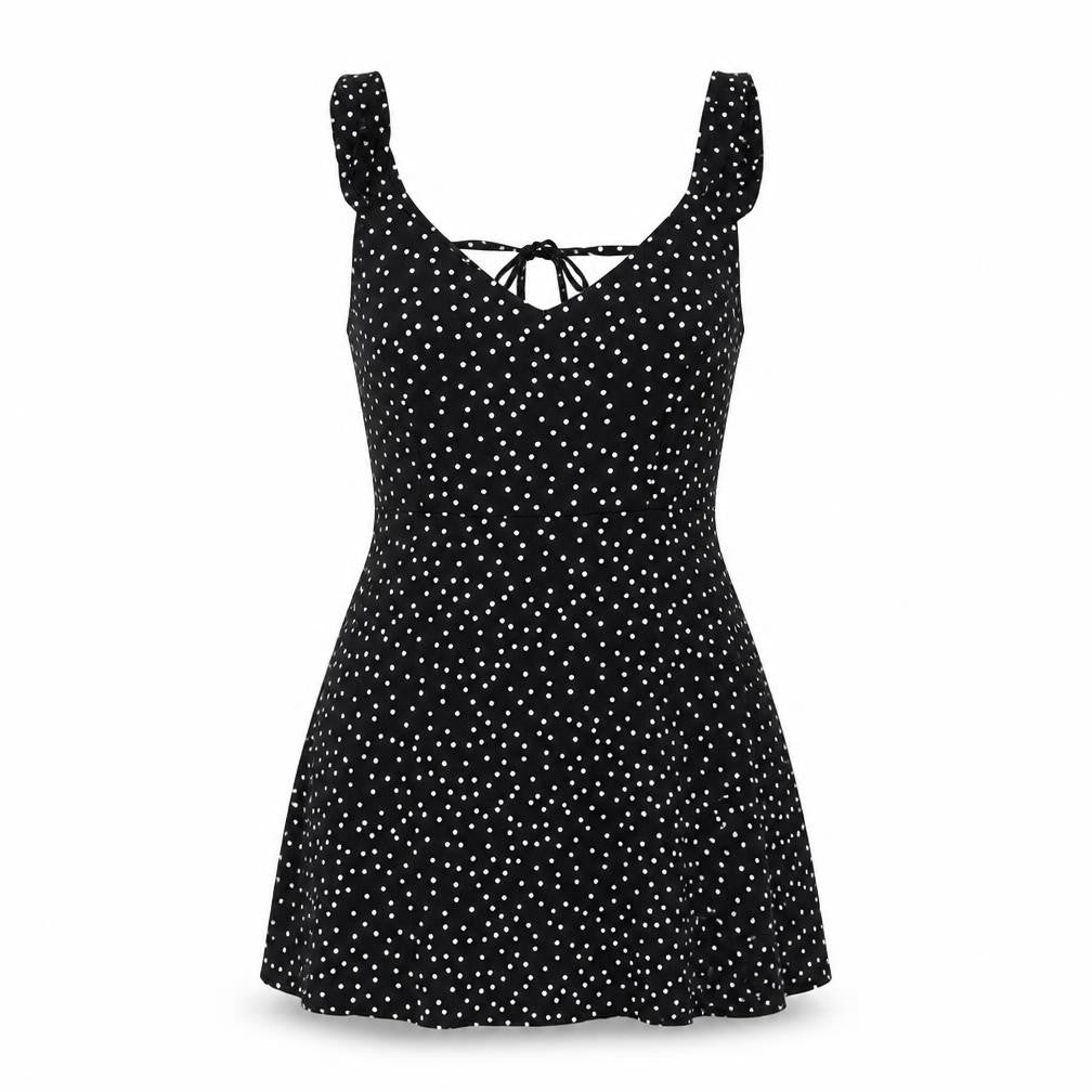 Front view of Preworn women’s black polka dot chiffon camisole blouse, size M