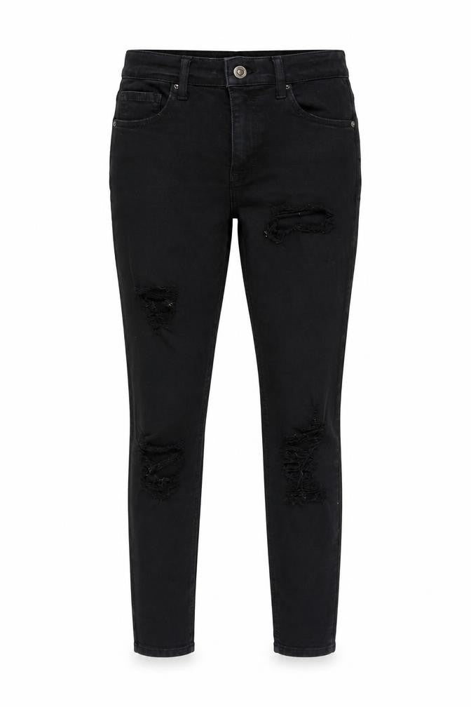 Front view of Topshop women’s black denim skinny jeans, size UK 28, in, 32-inch leg