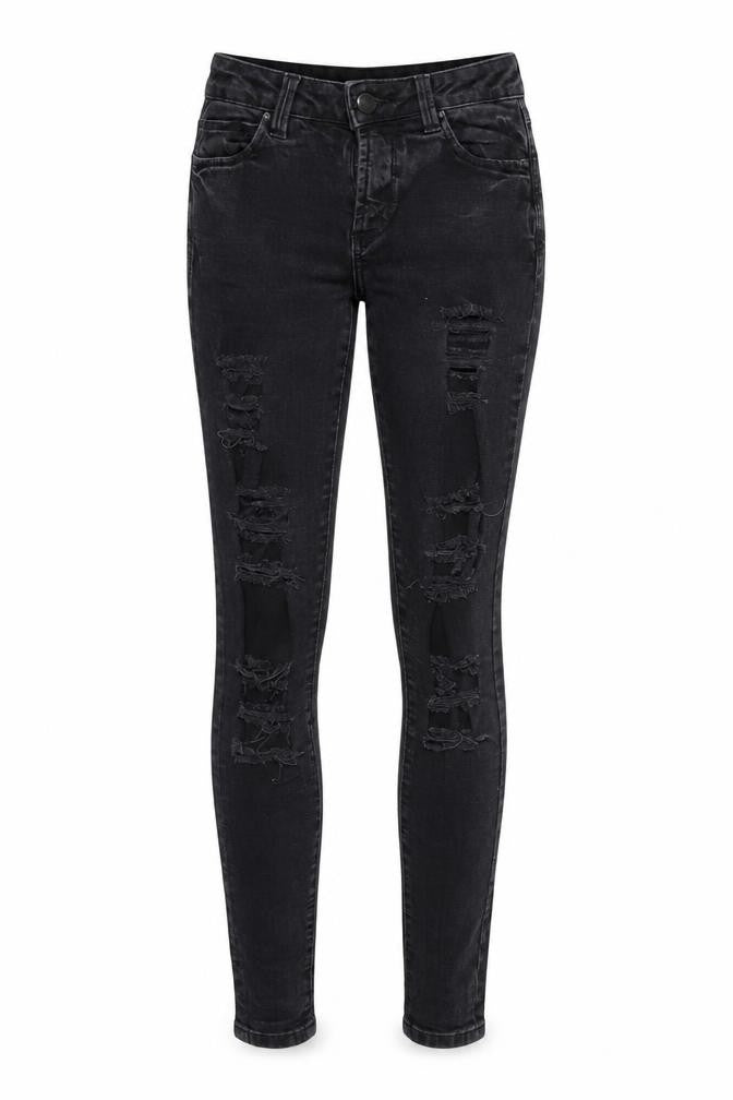 Front view of Denim & Co. women’s black denim skinny jeans, size UK 6, 28-inch leg - extreme rip
