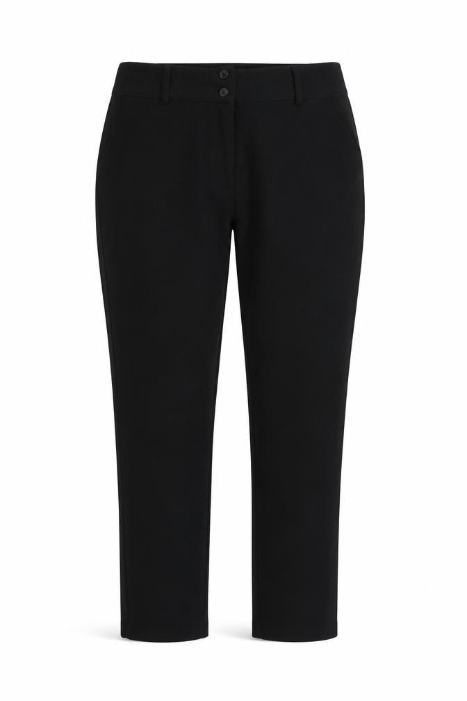 Front view of Eager women’s black trousers, size UK 10, 27-inch leg
