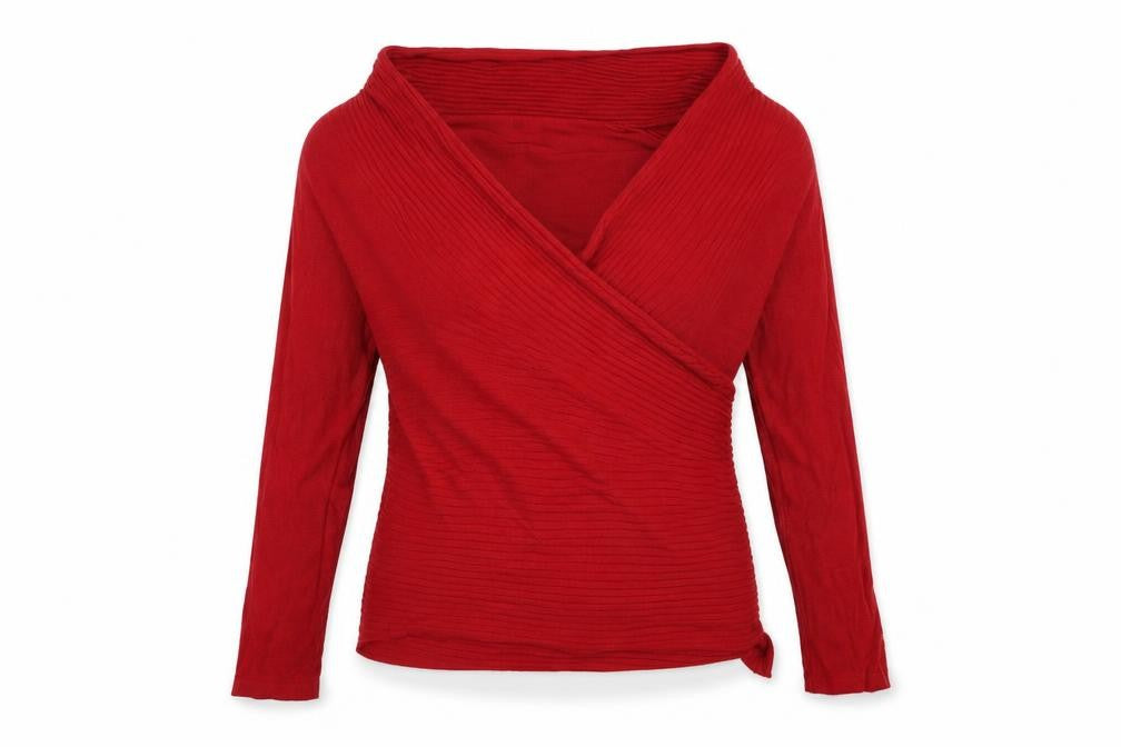 Front view of Fashion Essentials women’s red cardigan jumper, size UK 12