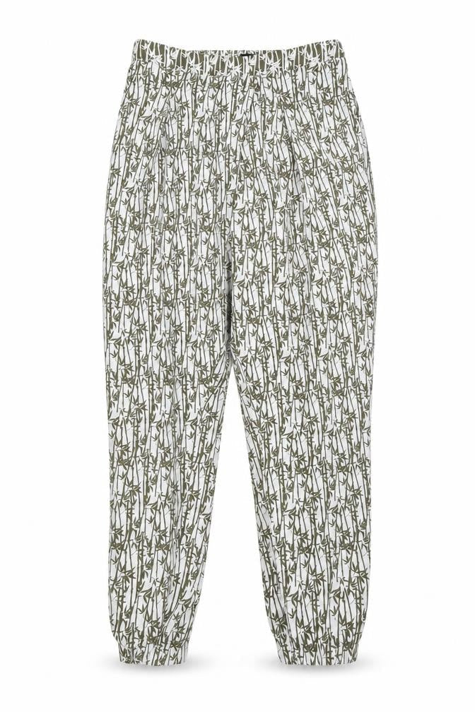 Front view of Topshop women’s green floral trousers, size UK 10, 28-inch leg