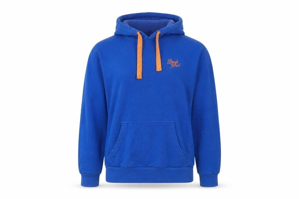 Front view of Drunk Punk women’s blue pullover hoodie, size S