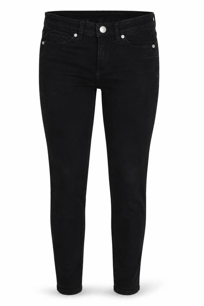 Front view of SNAP BACK women’s black skinny jeans, size UK 25, in, 30-inch leg