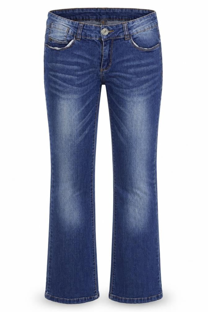 Front view of flare jeans women’s blue straight jeans, size UK 28, in, 34-inch leg