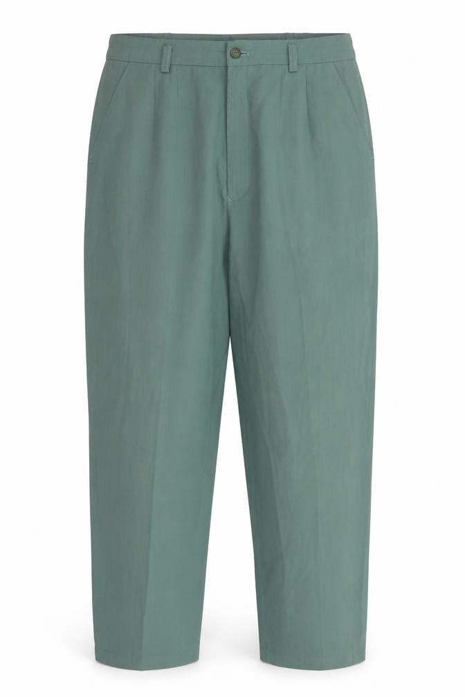 Front view of Blue Riinse women’s green trousers, size UK 28, in, 24-inch leg