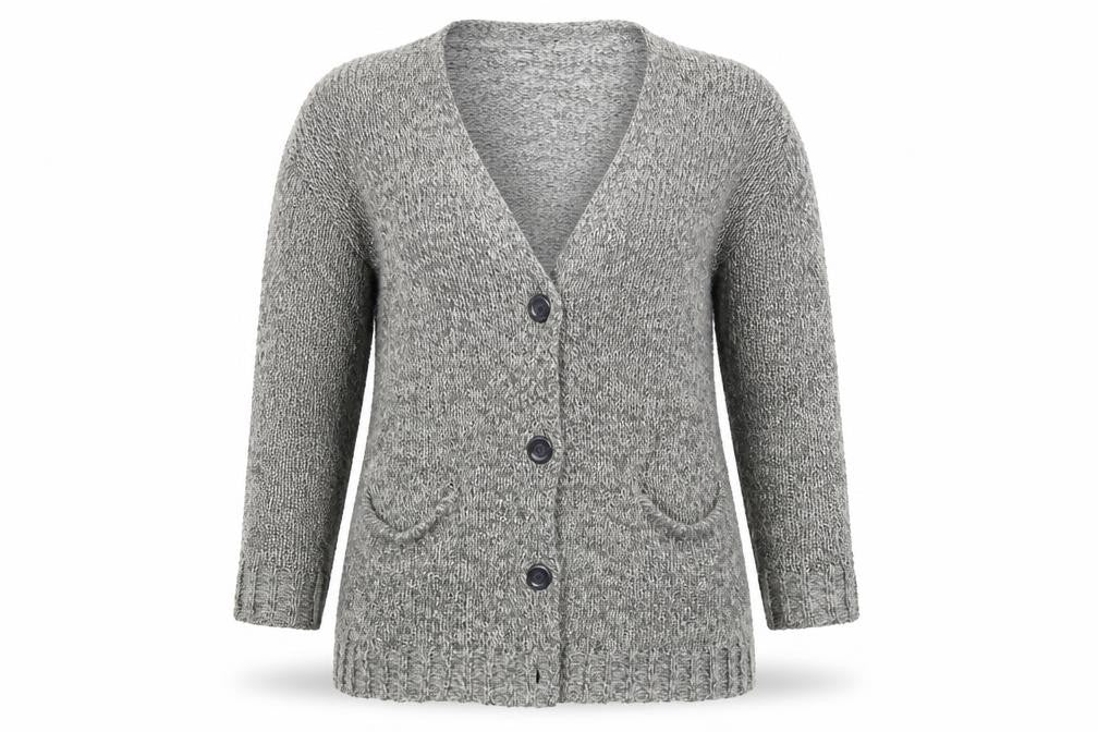 Front view of Divided women’s grey knit cardigan jumper, size UK 12