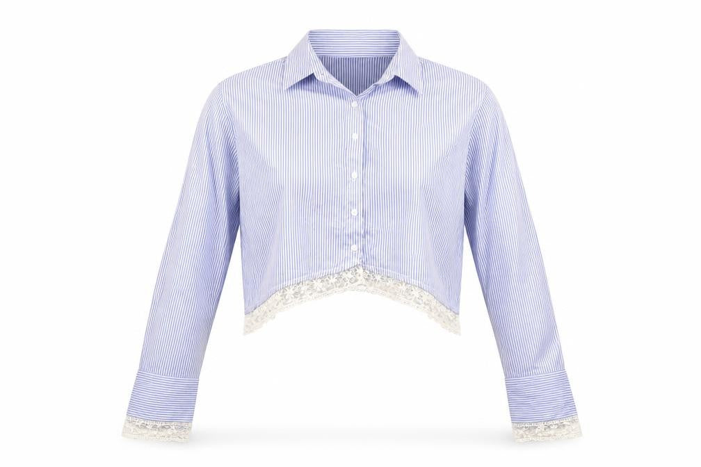 Front view of Fenn Wright Manson women’s blue striped cropped button-up, size XL, - lace hem