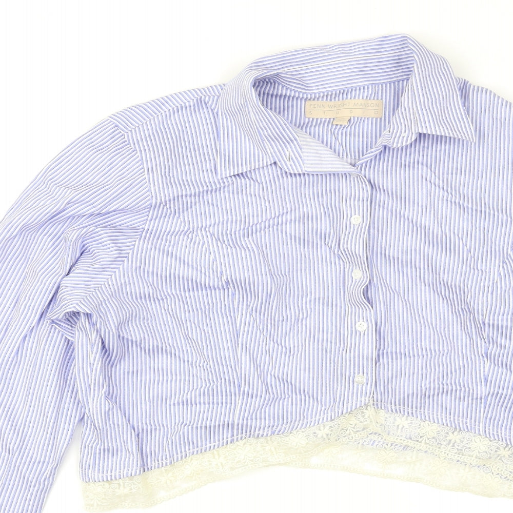 Fenn Wright Manson Womens Blue Striped  Cropped Button-Up Size XL  - Lace Hem