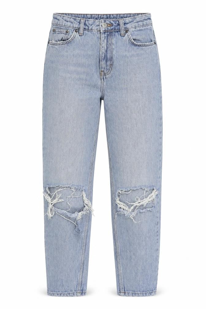 Front view of Topshop women’s blue straight jeans, size UK 28, in, 31-inch leg - ripped jeans