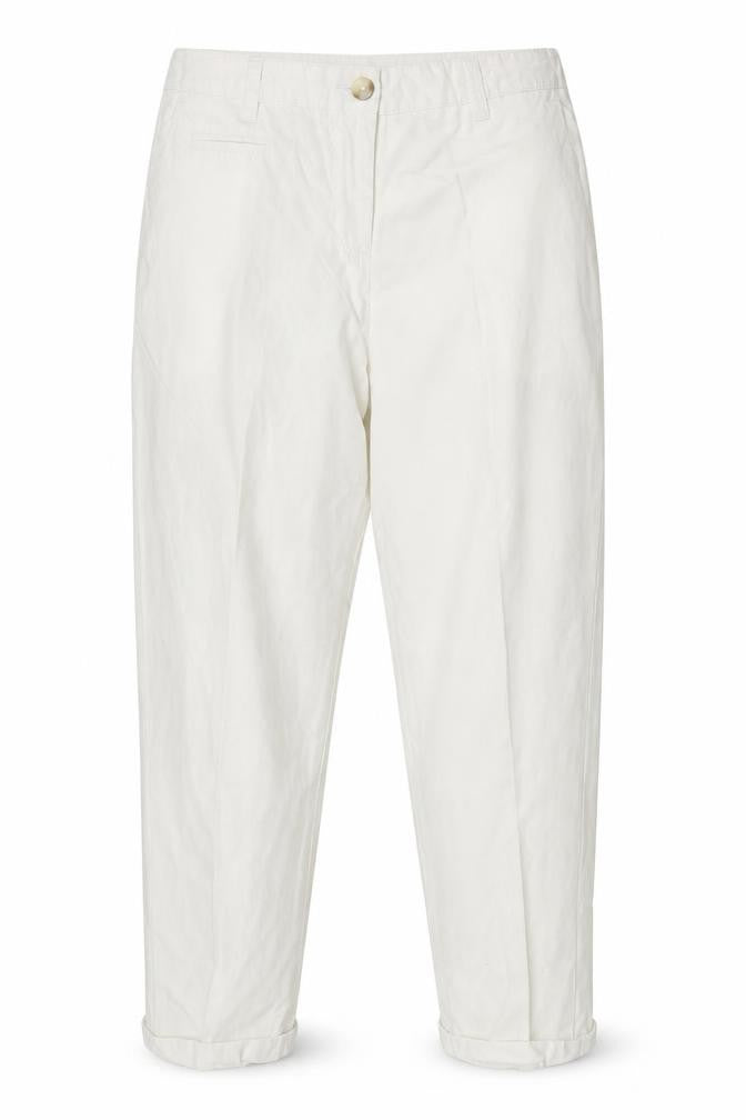 Front view of LABEL BE women’s white trousers, size UK 12, 23-inch leg