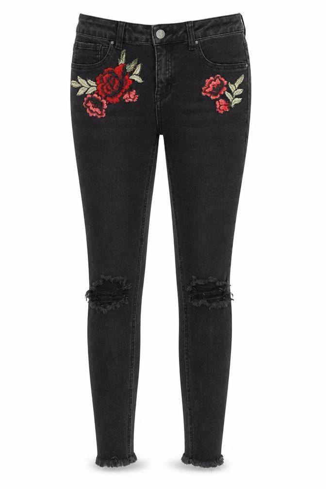 Front view of New Look women’s black floral skinny jeans, size UK 10, 24-inch leg