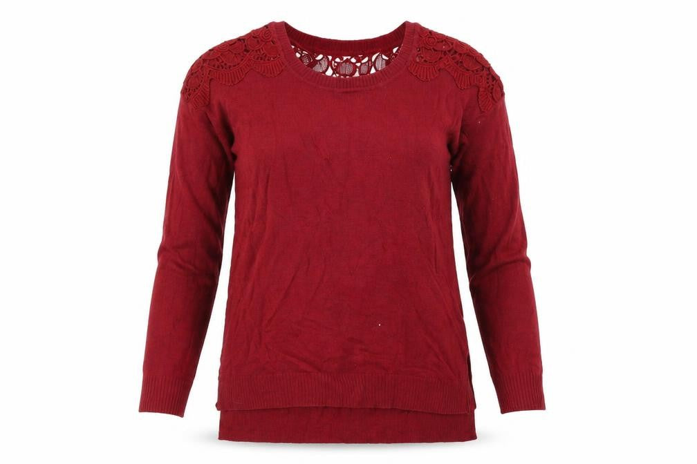 Front view of hippie rose women’s red jumper, size UK 6, - embroidered detail