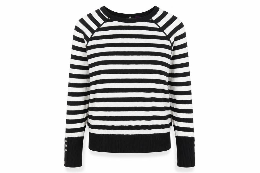 Front view of Hoxton Chic women’s black striped jumper, size M, - button back