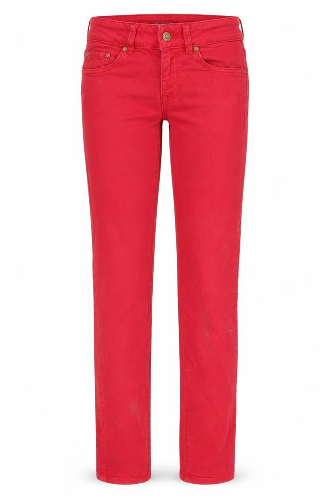 Front view of LBT women’s red skinny jeans, size UK 24, 30-inch leg