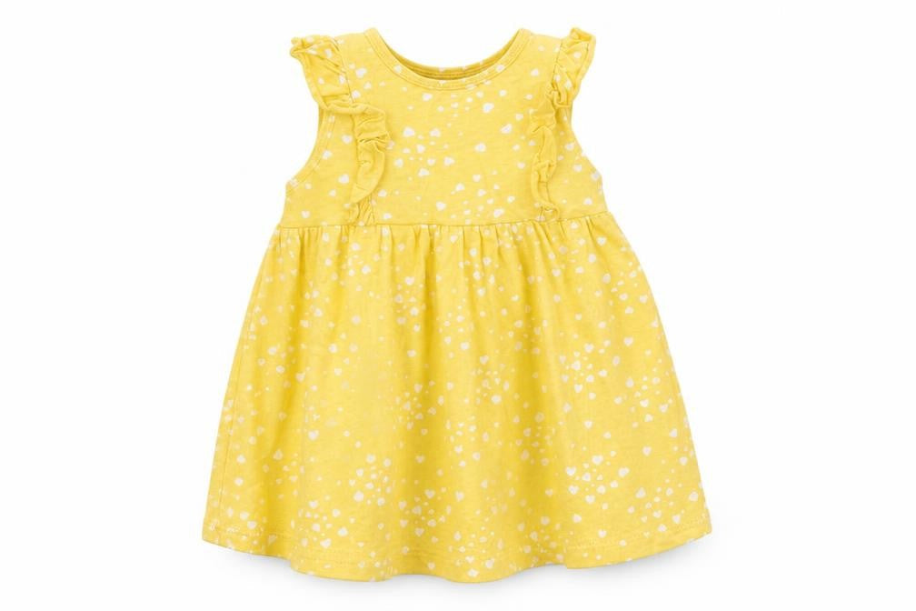 Front view of H&M girls’ yellow geometric shirt dress, size 12-18, months - heart print