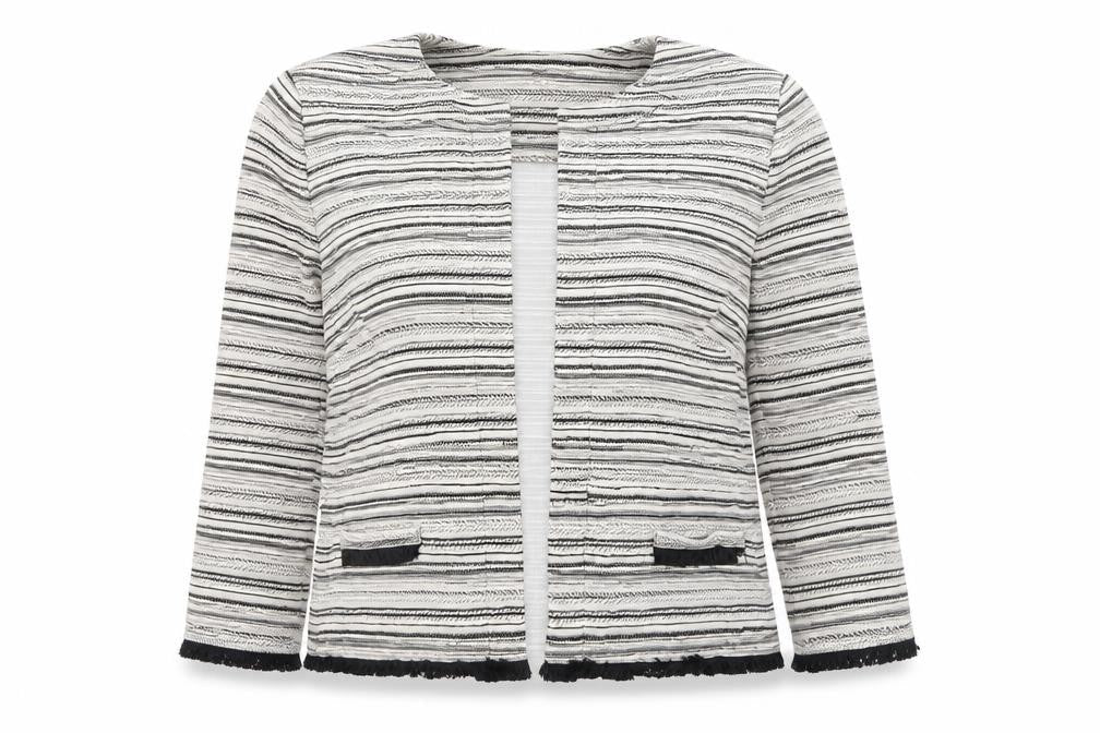 Front view of Marks & Spencer women’s grey striped cardigan jumper, size UK 12