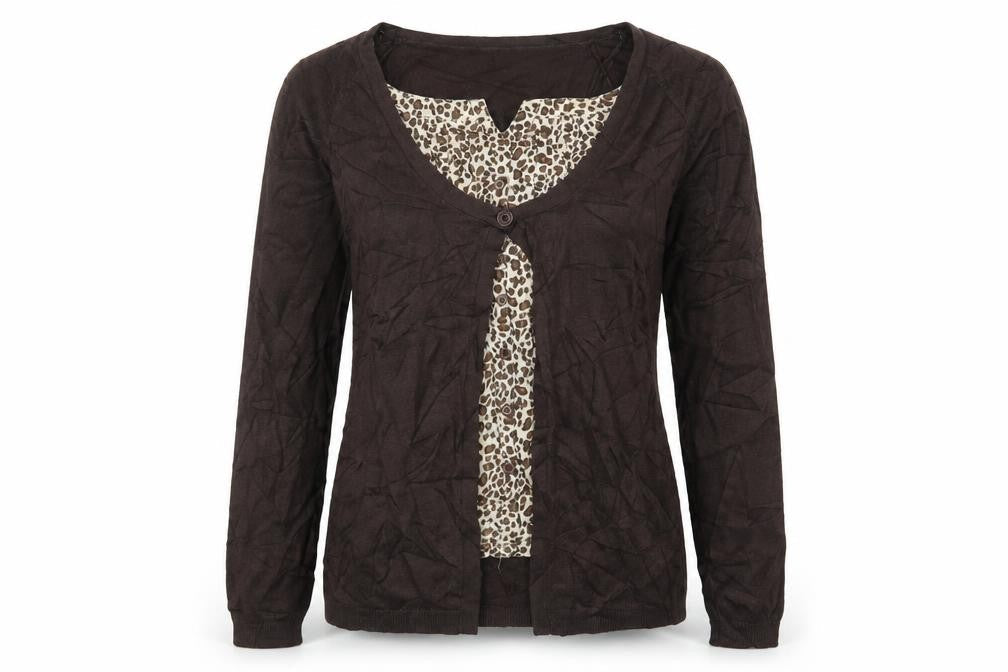 Front view of Authentic women’s brown animal print cardigan jumper, size UK 12, - cardigan and top all in one