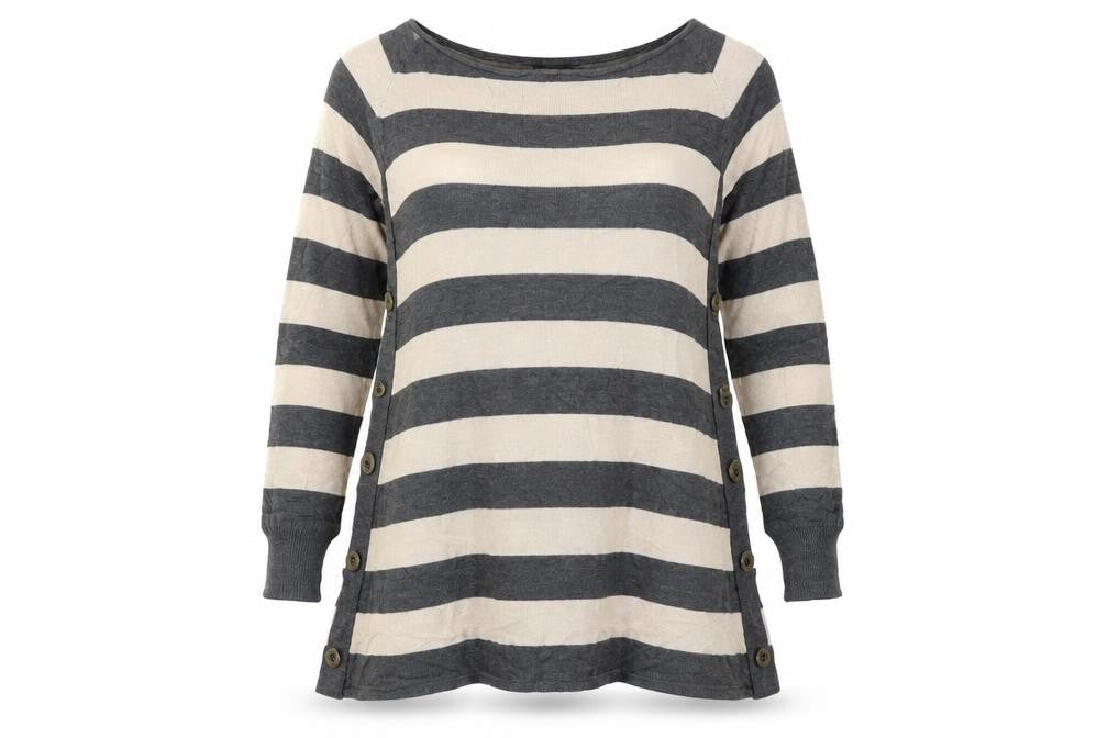 Front view of Marks & Spencer women’s beige striped jumper, size UK 8