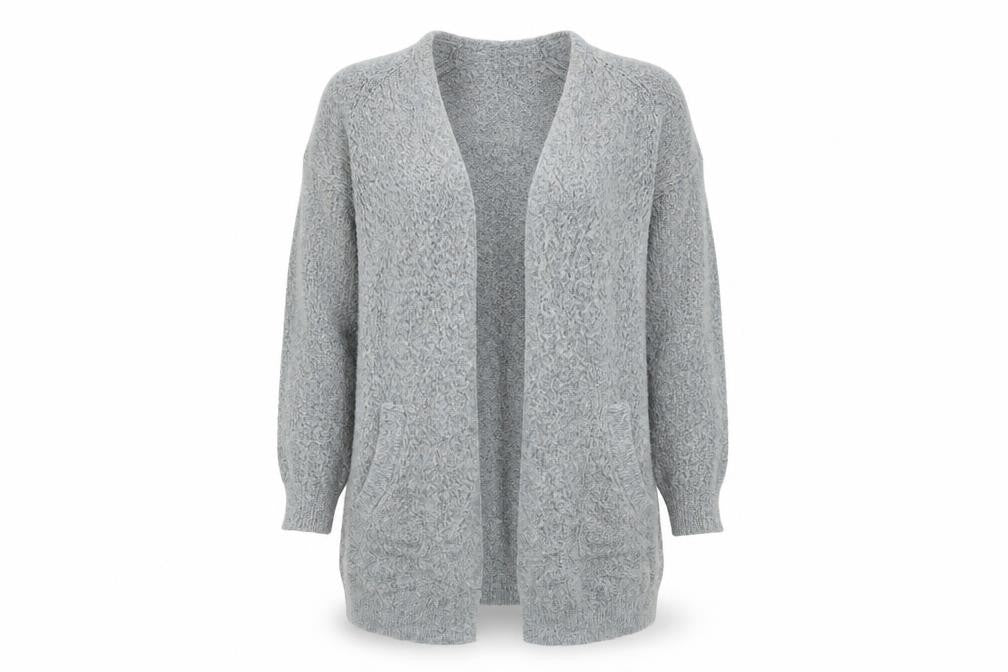 Front view of Pieces women’s grey cardigan jumper, size L