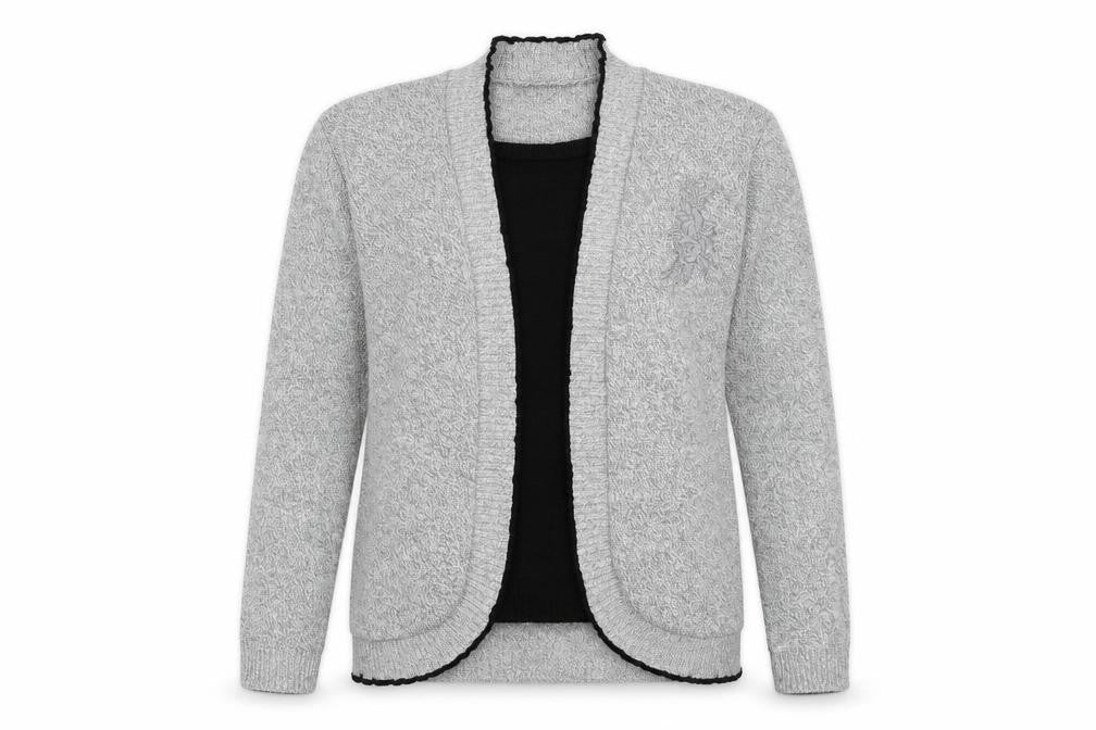 Front view of Glimpse Design women’s grey cardigan jumper, size S