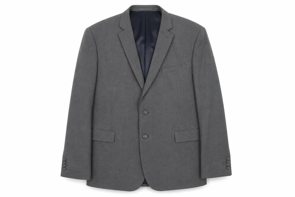 Front view of Cedarwood State men’s grey striped jacket suit jacket, size XL