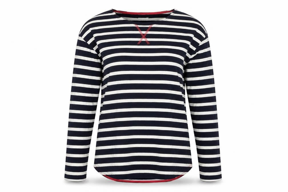Front view of Papaya women’s blue striped jumper, size M