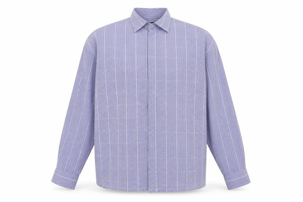 Front view of Island Earth men’s blue check button-up, size L