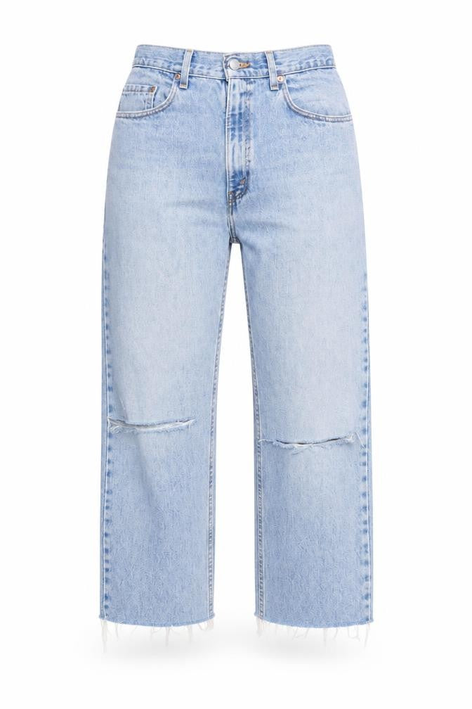 Front view of women’s blue denim cropped jeans, size UK 30, in, 23-inch leg