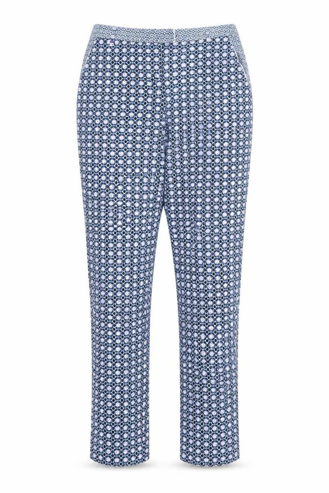 Front view of Topshop women’s blue geometric trousers, size UK 10, 27-inch leg
