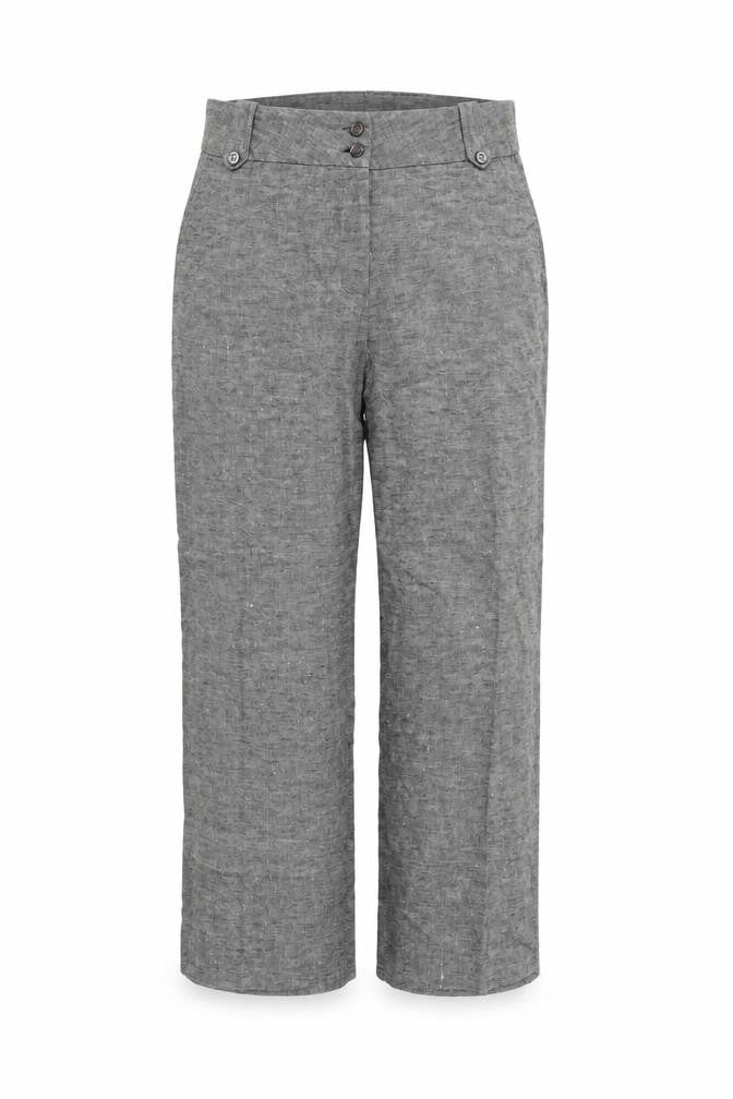 Front view of Preworn women’s grey trousers, size UK 34, in, 25-inch leg