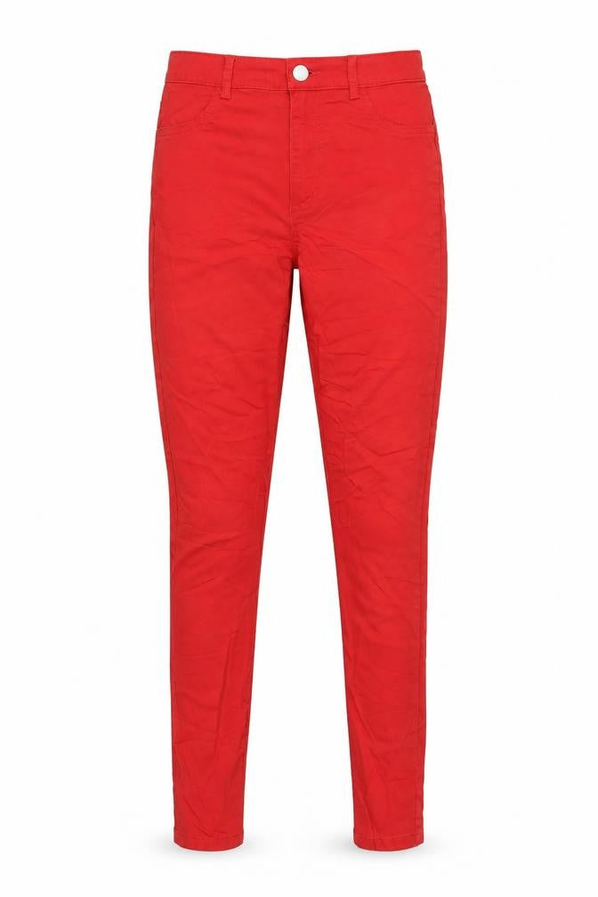 Front view of Tregging Thea women’s red denim skinny jeans, size M, 29-inch leg