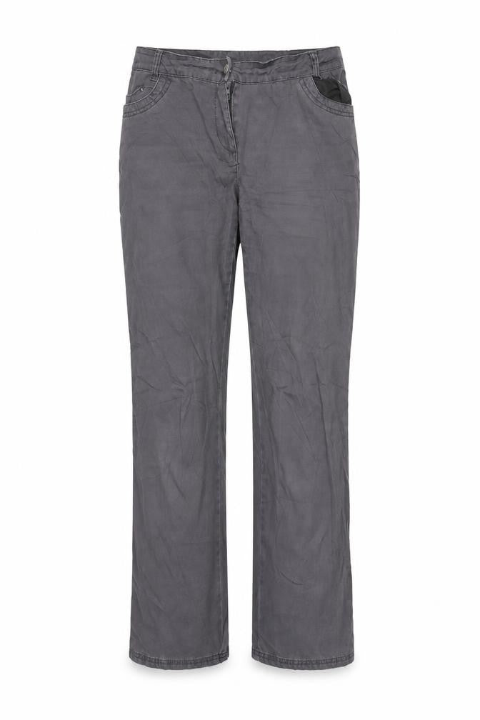 Front view of Preworn women’s grey trousers, size UK 32, in, 31-inch leg