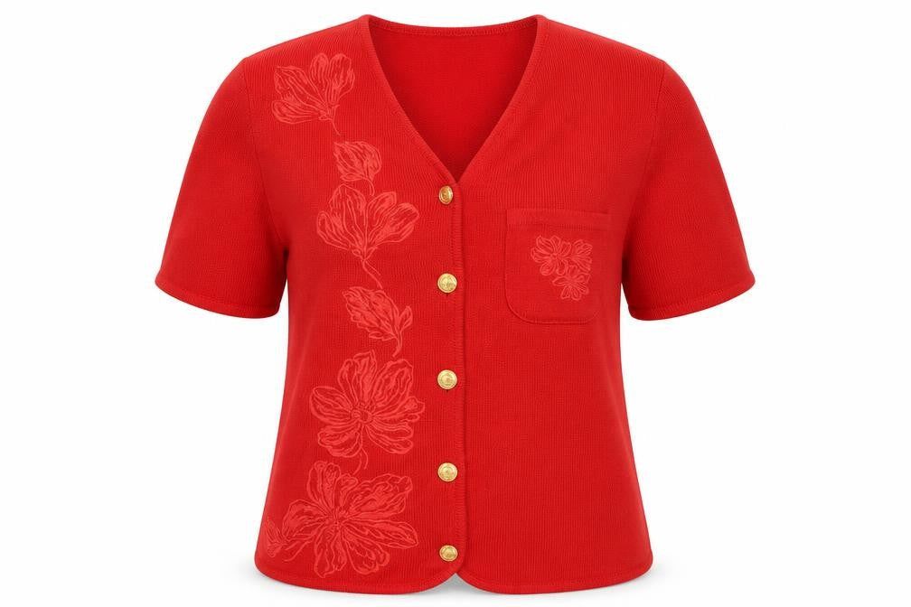 Front view of LUCIA women’s red cardigan jumper, size UK 12