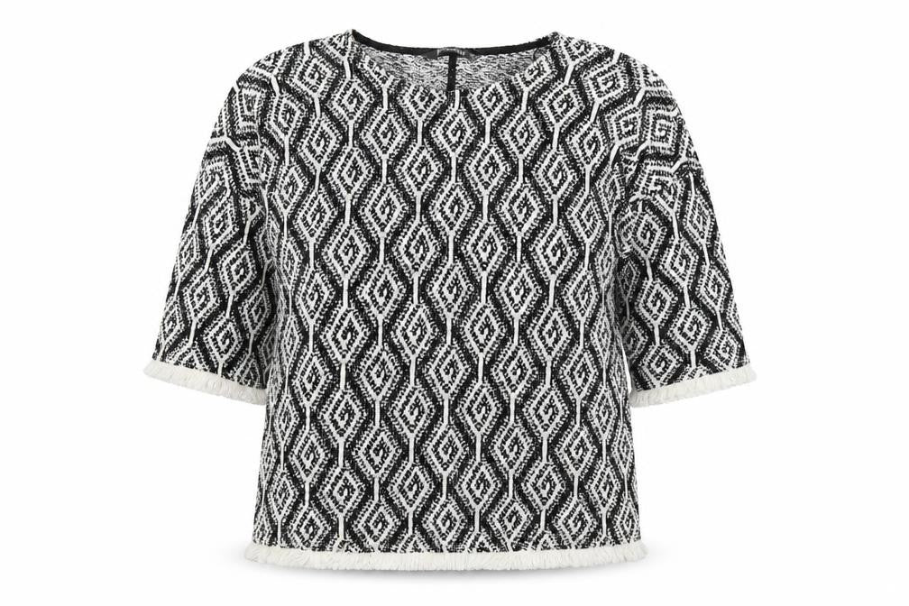 Front view of Bonmarché women’s multicoloured geometric knit jumper, size UK 10