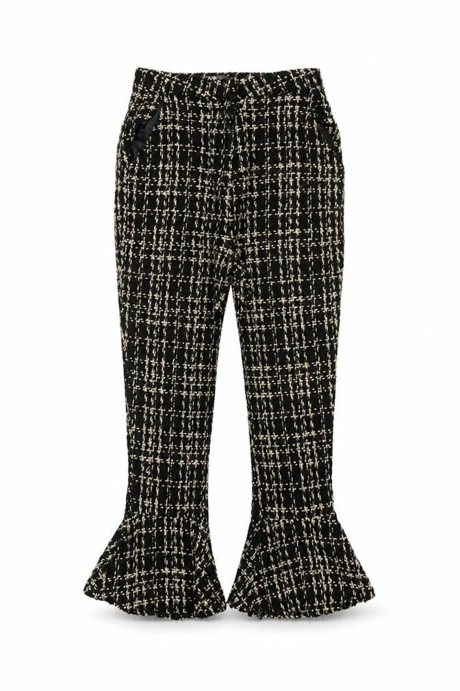Front view of Missguided women’s black plaid trousers, size UK 8, 22-inch leg