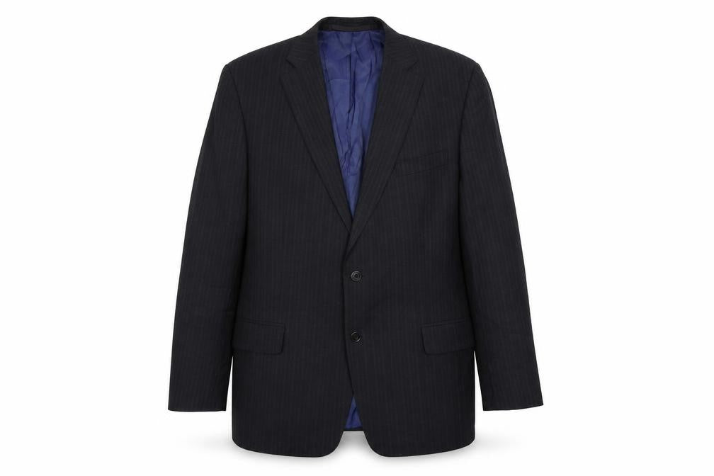 Front view of Preworn men’s black striped jacket blazer, size L