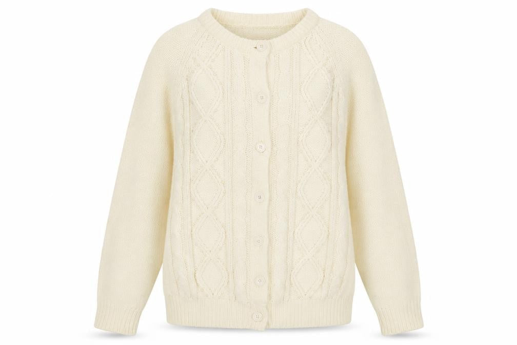 Front view of Trendy women’s white cardigan jumper, size M