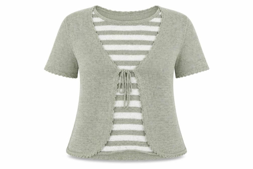 Front view of Bonmarché women’s green striped knit jumper, size S